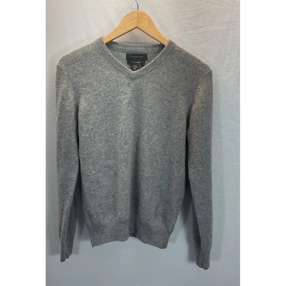Tahari Gray V-Neck 100%‎ Cashmere Lightweight Sweater Womens Sz M Preppy Casual